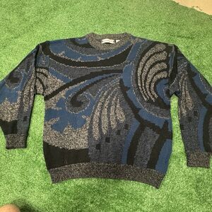 Saturdays NYC Sweater Mens XL Abstract Coogi Style Knit Blue Gray Crewneck